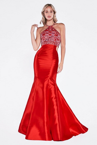 Fitted Mermaid Mikado Gown with Beaded Halter Neckline-0