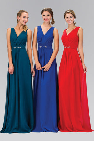 V-Neck Chiffon Long Dress Accented with Jewel on Waist-3