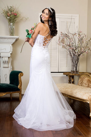 Embroidered Sheer Bodice Mermaid Wedding Gown w/ Lace Up Back-1