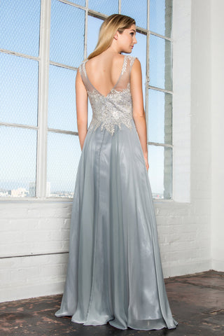 Chiffon Long Dress with Lace Embellished Bodice and Sheer Neckline-1