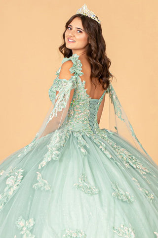 3-D Flower Applique Mesh Quinceanera Ball Gown with Side Mesh Drapes-3