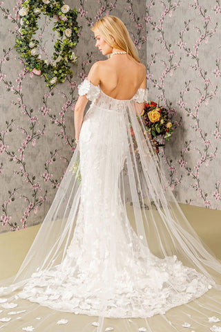 Floral Embroidery Mesh Mermaid Wedding Gown w/ Long Back Drape-1